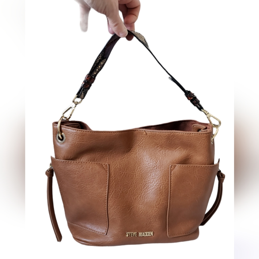 Steve Madden Brown Leather Tote with Snake-Print Strap